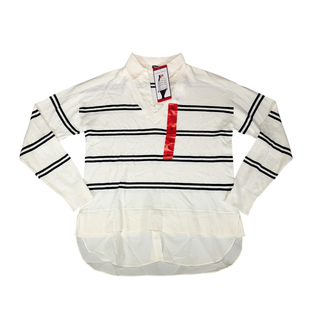Hilary Radley Womens Striped 2-in-1 Layered Sweater Off-White Black M 1772553